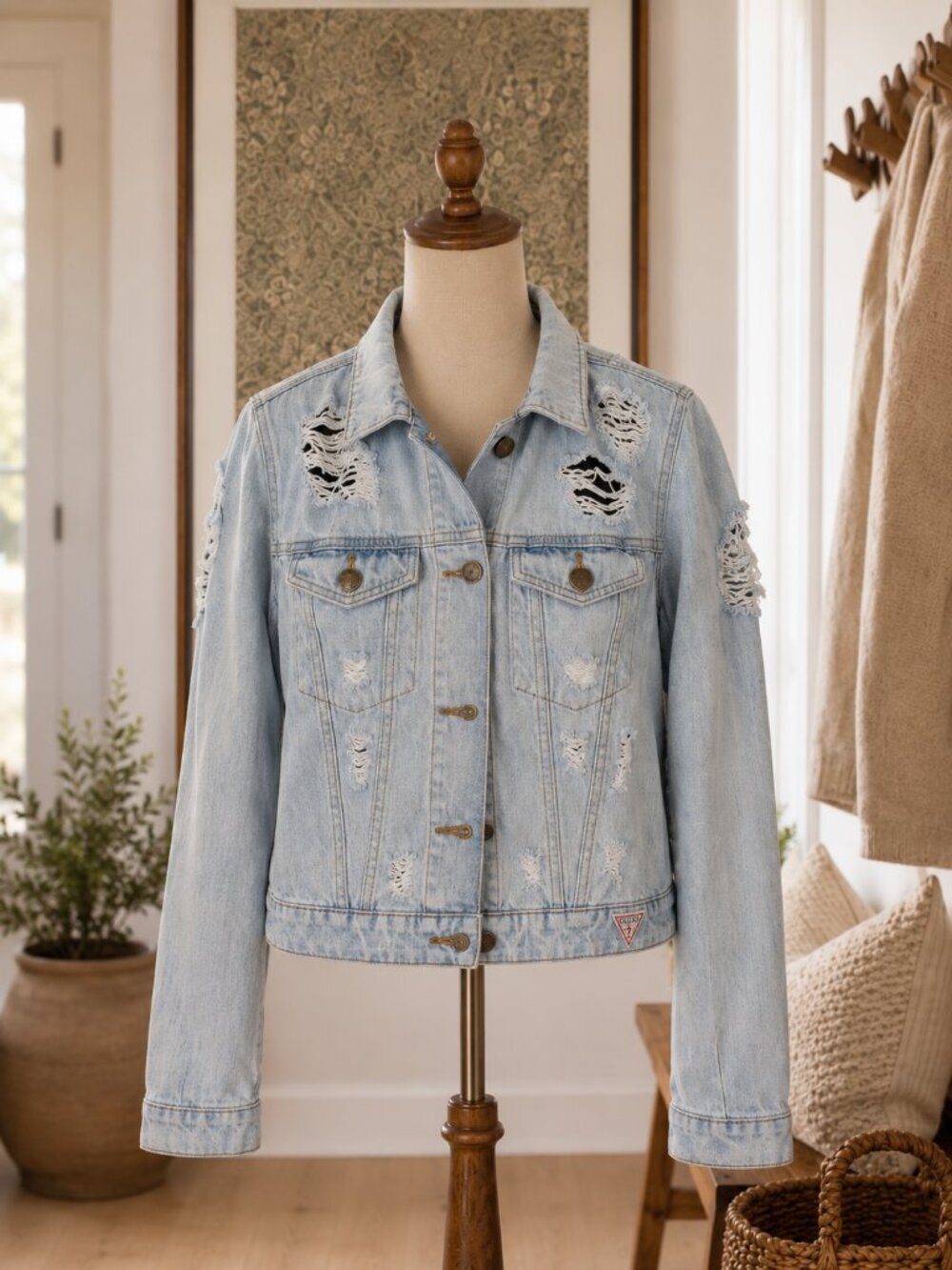 Guess Cropped Ladies Small Jean Jacket Heavy Distressing Denim Jacket